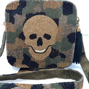Moyna Fully Beaded Satin Back‎ Camouflage Skull Crossbody